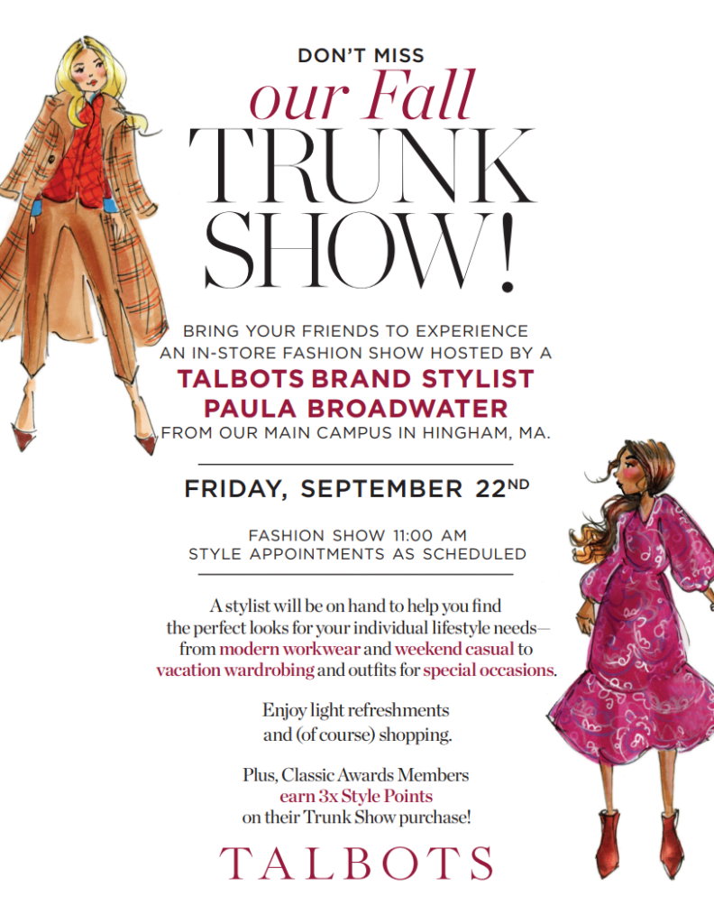 Talbot's Fall Trunk Show Flyer with event details